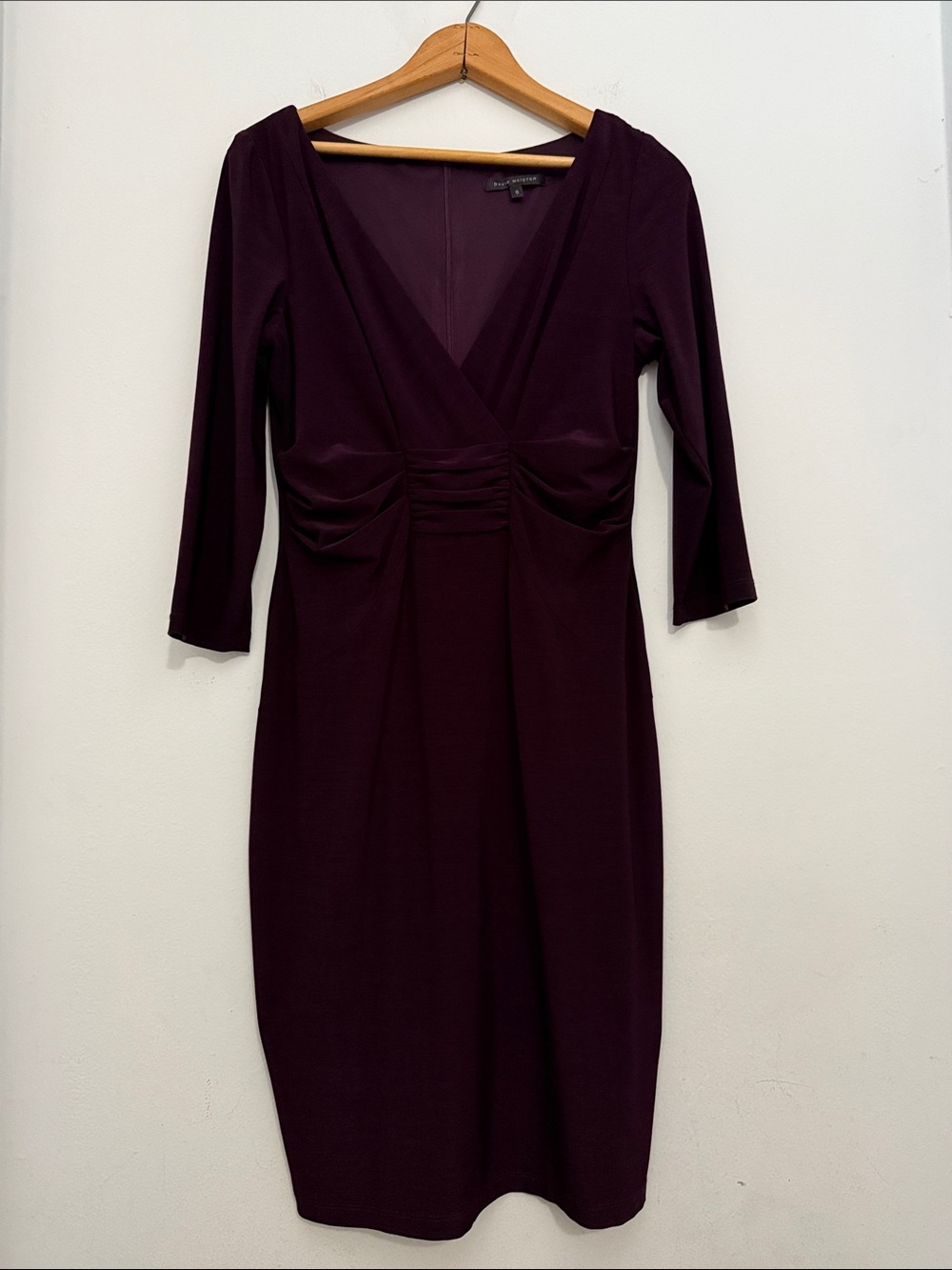 David Meister Plum V-Neck Ruched Long Sleeved Sheath Dress Elegant Classic